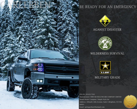 Survival Gear Kit For Camping And Emergencies, First Aid Ready Bugout Bag, Military-Grade Tactical Kit With Molle Attachments, truck in snowy forest