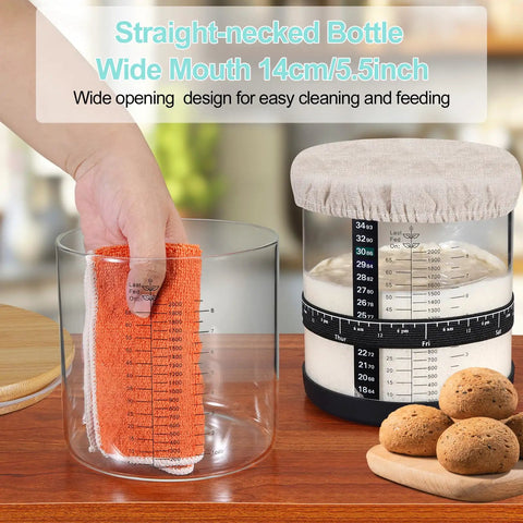 66 Oz Wide Mouth Sourdough Starter Jar Kit with cloth cover, thermometer, bamboo lid, easy-read scale lines, hand cleaning jar.