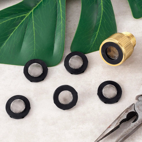 20 Pack Stainless Steel Hose Filter Washers With Screen Inlet Strainer displayed with a garden hose connector and leaves.
