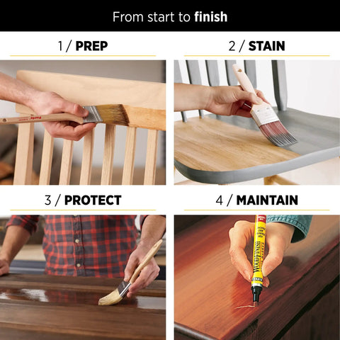 Four stages of wood finishing: prepare, stain, protect, maintain using water based wipe on polyurethane satin finish for wood DIY.