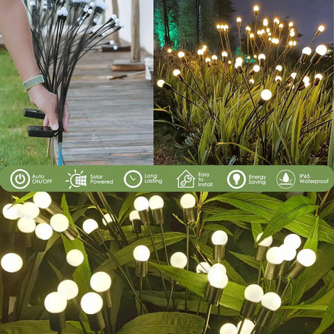 8 Pack 48 LED Firefly Lights With Upgraded Swaying Starburst Solar Garden Lights illuminating a yard and patio area.