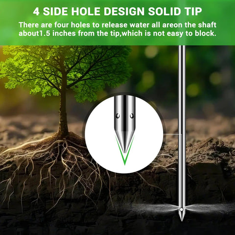 Deep Root Watering Spike For Trees With Fertilizer Bottle Stainless Steel Root Feeder showing 4-hole solid tip design