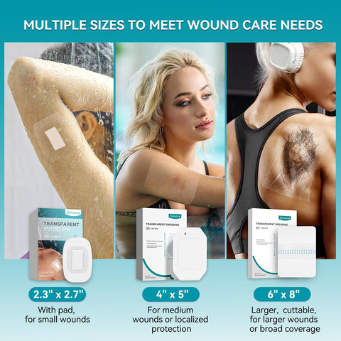 Transparent Film Dressing 50 Pack No Hassle Waterproof Clear Bandages 4 By 5 Inches Hypoallergenic Latex Free Adhesive Wound Cover