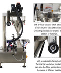 Heavy Duty Semi Automatic Powder Filling Machine Smooth Operator With Conveyor For Granular Packets Like Feed Sugar Coffee 10 To 200 Grams Running Smooth At 15 To 30 Bags Per Minute Badass Stainless Steel Build With Mixer 110V showing visual window and adjustable handwheel.