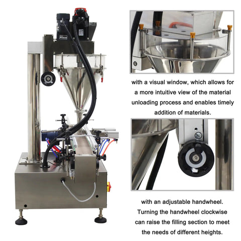 Heavy Duty Semi Automatic Powder Filling Machine Smooth Operator With Conveyor For Granular Packets Like Feed Sugar Coffee 10 To 200 Grams Running Smooth At 15 To 30 Bags Per Minute Badass Stainless Steel Build With Mixer 110V showing visual window and adjustable handwheel.