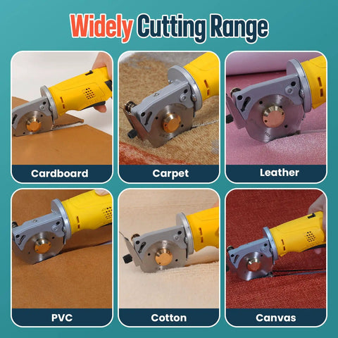 VlOXO Electric Rotary Fabric Cutter With Lightning Fast 2000Rpm Blade cuts through cardboard, carpet, leather, PVC, cotton, and canvas.