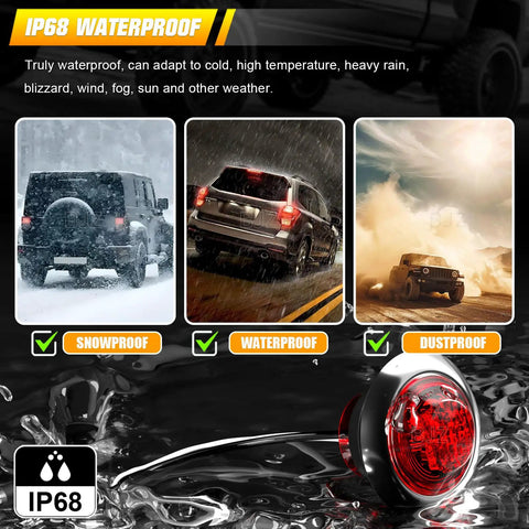 Illustration showing Red 3/4 Inch Trailer LED Marker Lights' waterproof, snowproof, and dustproof features in various weather conditions