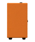 Side view of Crush Mini 3 Watt Guitar Amp Combo with textured orange finish, featuring volume shape and gain controls, portable practice amp.
