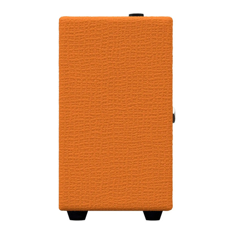 Side view of Crush Mini 3 Watt Guitar Amp Combo with textured orange finish, featuring volume shape and gain controls, portable practice amp.