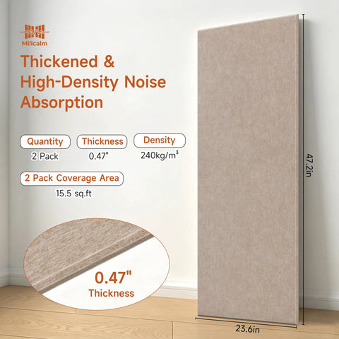 Oversized Self Adhesive Acoustic Wall Panels Made From Dense Polyester Fiber For Quiet Room Treatment And Bass Absorption Suitable For Home Studios Or Living Areas Delivers Premium Camel Color Paired With Quick Peel Stick Two Pack, showing size and density details.