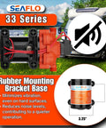 Image of SEAFLO 33 Series 12V Diaphragm Pump, highlighting rubber mounting base and noise reduction features, with RV background.