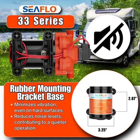 Image of SEAFLO 33 Series 12V Diaphragm Pump, highlighting rubber mounting base and noise reduction features, with RV background.