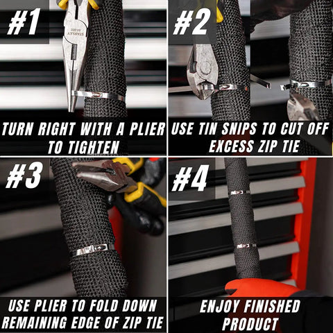 Step-by-step guide using Heavy Duty Stainless Steel Zip Ties 11.8 Inch 200 Pack 304 for exhaust wrap installation.