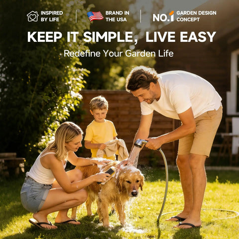 Family using a garden hose to wash a dog outdoors, showcasing lifestyle use of the Beefy Heavy Duty Metal Hose Holder with Freestanding Stand and Stable Triangular Base No Wobble Includes 2 Tool Hooks for Outdoor Yard and Lawn Storage Holds Up to 150 Feet of Hose.