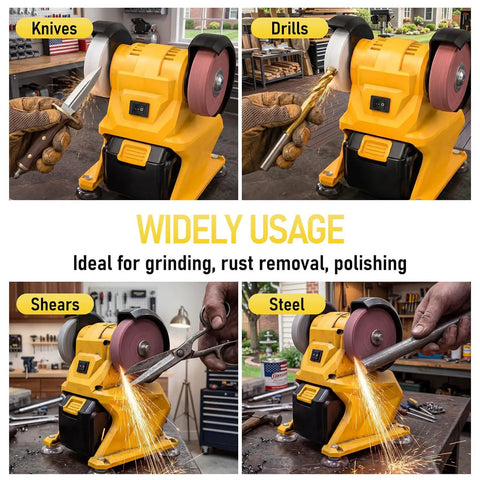 Pro Grade Cordless Bench Grinder With Dual 3 Inch Grinding Wheels And Sturdy Guard Prime for grinding knives and drills in workshop.
