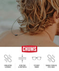 Lightweight Stainless Steel Cable Eyewear Retainer Keeps Your Shades Close All Day Easy Fit For Most Frames With Universal Attachments For Men And Women Black shown being worn by a person with long hair on the beach.