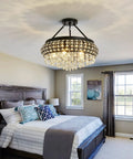 Bedroom with 5 Light Black Crystal Round Chandelier Chic Modern Semi Flush Mount Ceiling Light Fixture