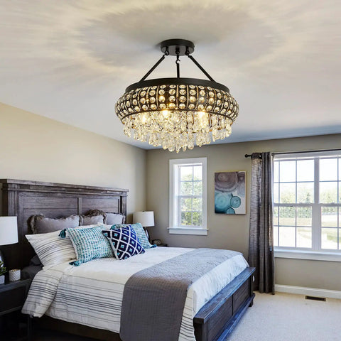 Bedroom with 5 Light Black Crystal Round Chandelier Chic Modern Semi Flush Mount Ceiling Light Fixture
