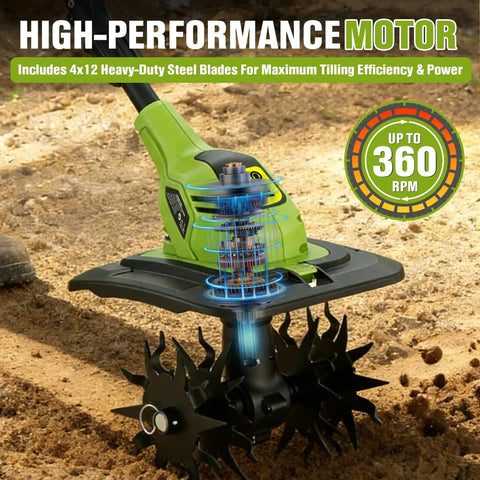 20V Cordless Tiller With Two Batteries, Feather-Light Rototiller for Seniors, showing high-performance motor and steel blades