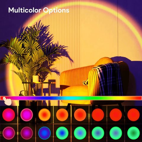 Sunset Lamp With Remote And 360 Degree Rotation, RGB Multicolor Projection Night Light casting colors on chair and wall