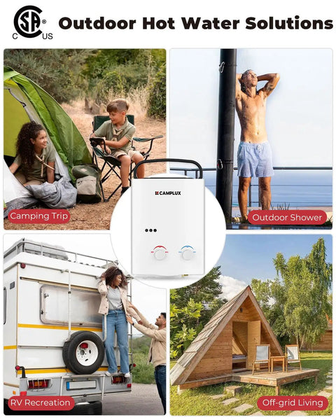 Outdoor Tankless Propane Water Heater For Camping Portable Grab And Go 1.32 GPM Hot Water Solution 5 Liter Capacity AY132 White Easy Setup For RVs Campsites Backyards And Outdoor Showers usage examples.