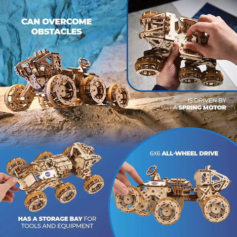 Epic Manned Mars Rover 3D Puzzle Kit With Spring Drive And 6x6 All Wheel Drive Independent Suspension Swiveling Cab Rubberized Wheels Folding Rear Ramp 360 Degree Antenna Laser Engraved Solar Panels 562 Piece DIY Space Craft Model, wooden rover on rocky terrain