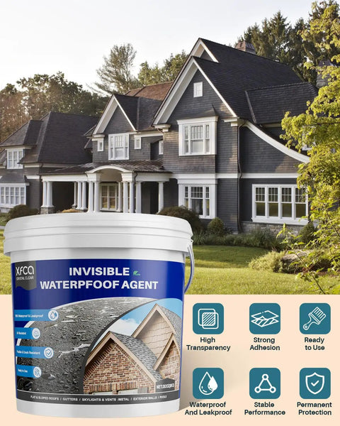 Ultra Clear 281oz Invisible Waterproof Coating Sealant For Roofs And Walls bucket in front of a house