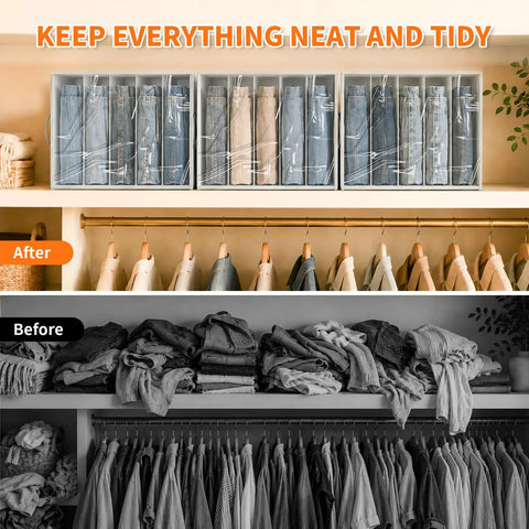 Before and after closet organization with Four Pack Gray Closet Organizers And Storage Bins Heavy Duty Fabric Wardrobe Dividers.