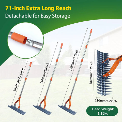 74 Inch Heavy Duty Metal Dethatcher Rake With Hardened Steel Tines For Quick Lawn Thatch And Dead Grass Removal No Fuss Detachable Handle Easy Yard And Landscape Cleanup For A Neat Healthy Lawn showing various detachable handle lengths