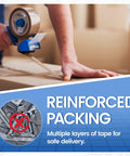 Reinforced packing tape being applied to a cardboard box for secure delivery, emphasizing multiple tape layers.