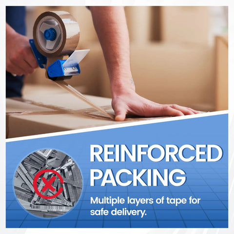 Reinforced packing tape being applied to a cardboard box for secure delivery, emphasizing multiple tape layers.