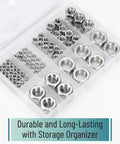 Must Have Pro Grade Stainless Steel Metric Hex Nuts Kit With 130 Pieces In 7 Sizes M3 M4 M5 M6 M8 M10 M12 in organizer