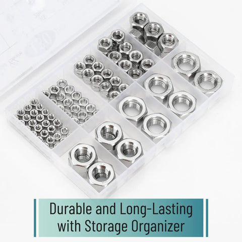 Must Have Pro Grade Stainless Steel Metric Hex Nuts Kit With 130 Pieces In 7 Sizes M3 M4 M5 M6 M8 M10 M12 in organizer