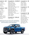 Compatibility list for vehicles with Bullet Antenna, featuring a blue Ford pickup truck, Jeep, Chevrolet, Dodge, Toyota, GMC models.