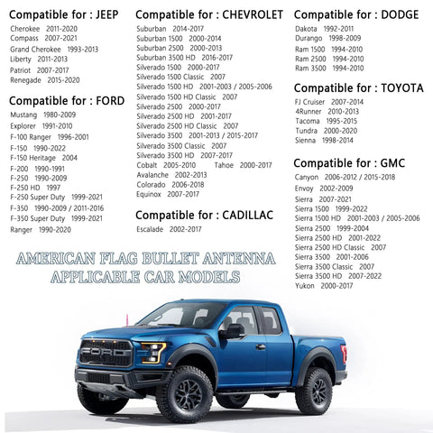 Compatibility list for vehicles with Bullet Antenna, featuring a blue Ford pickup truck, Jeep, Chevrolet, Dodge, Toyota, GMC models.