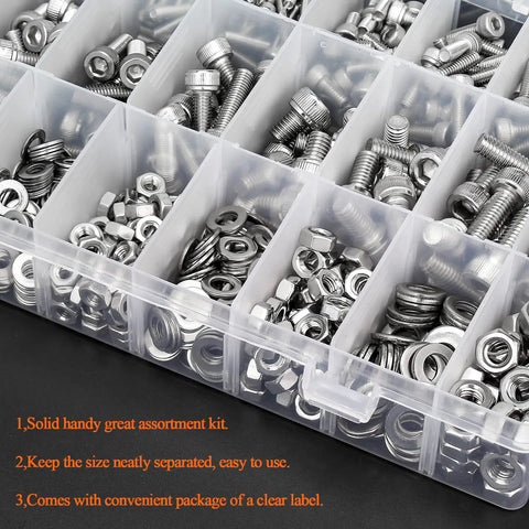 Top Shelf 810 Piece Metric Hardware Assortment Kit With M3 M4 M5 M6 304 Stainless Steel Hex Socket Screws Bolts Nuts Washers And Hex Keys For Quick And Reliable Repairs stored in a clear organizer.