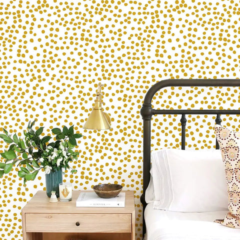 Bedroom scene with Yellow Polka Dot Peel And Stick Wallpaper For Walls Dope Home Decor 17.7 By 393.7 Inches Vinyl Self Adhesive Contact Paper.