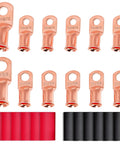 Heavy Duty Copper Wire Ring Terminals Kit For 1/0 Gauge Cables Including 3/8 Inch And 5/16 Inch Lugs With 12 Pieces Heat Shrink Tubing