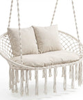 Double Hammock Chair With Cushions for Indoor and Outdoor Hangouts Boho Macrame Swing Seat That Fits Two People Cozy Beige