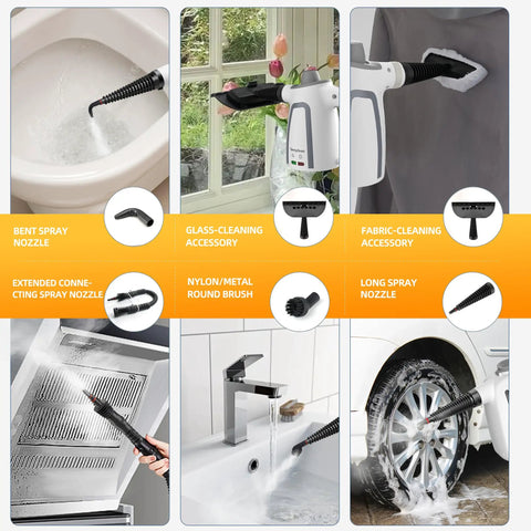 Heavy Duty High Pressure Steam Cleaner 1050 Watt Fast Heating Multi Surface Steamer accessories including nozzles and brushes.
