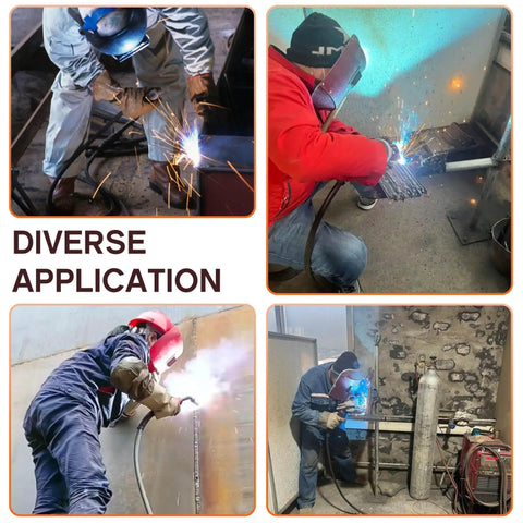 Four images showing diverse applications of welding using 50 Ft Welder Extension Cord 30 Amp 10 Gauge 3 Prong Nema 6-50P To 6-50R Heavy Duty 250V