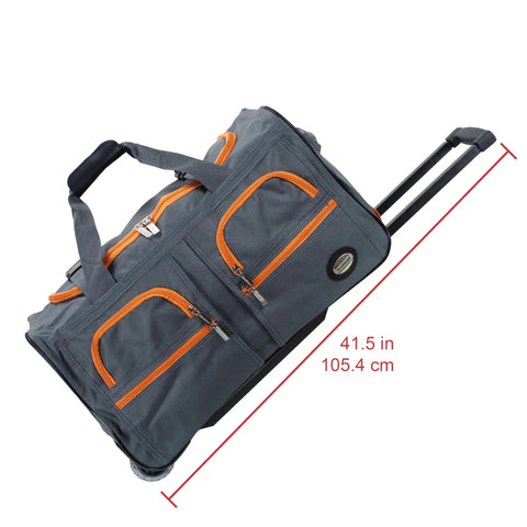 22 Inch Polyester Rolling Duffel Bag With Expandable Design, Charcoal Color, showing two large front pockets and internal handle