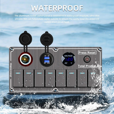 Beefy Aluminum 8 Gang Rocker Switch Panel For Marine Use With Dual USB Ports And Voltmeter Waterproof 12 To 24V Panel