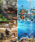 No Fuss Pond Solar Aerator 2W Low Noise Oxygen Pump IP64 Waterproof Bubbling System in use in pond with fish and solar panel.