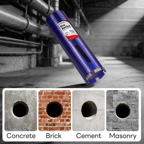 Side view of Amazon DaduoRi 2-in blue diamond core drill bit with pilot bit and adapters, 9.5-in depth for concrete and masonry