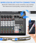 6 Channel DJ Audio Mixer With 99-Bit DSP Effects And 7 Band EQ, 48V Phantom Power, MP3 And Computer Input shown with Bluetooth pairing