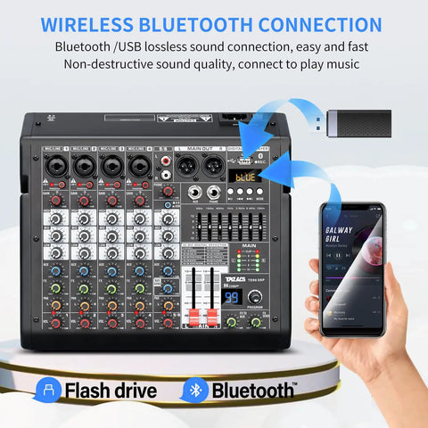 6 Channel DJ Audio Mixer With 99-Bit DSP Effects And 7 Band EQ, 48V Phantom Power, MP3 And Computer Input shown with Bluetooth pairing