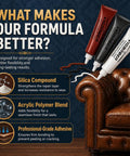 Legit Leather And Vinyl Repair Kit For Furniture Car Seats And Handbags Quick Dry Color Match Adhesive displayed with couch and ingredients.