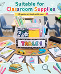 Six Pack Stackable Classroom Caddies With Handles, 3 Compartments, Clear Plastic Storage Bins With 42 Labels on a desk
