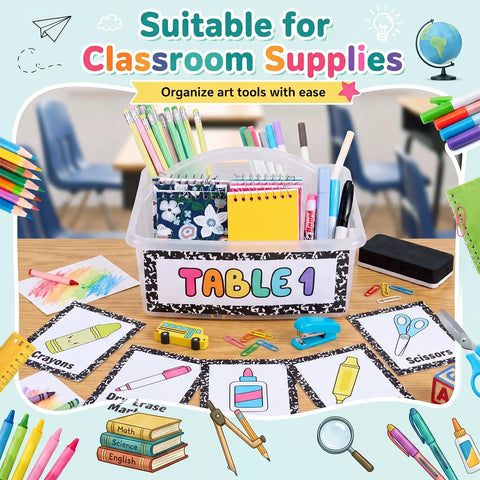 Six Pack Stackable Classroom Caddies With Handles, 3 Compartments, Clear Plastic Storage Bins With 42 Labels on a desk